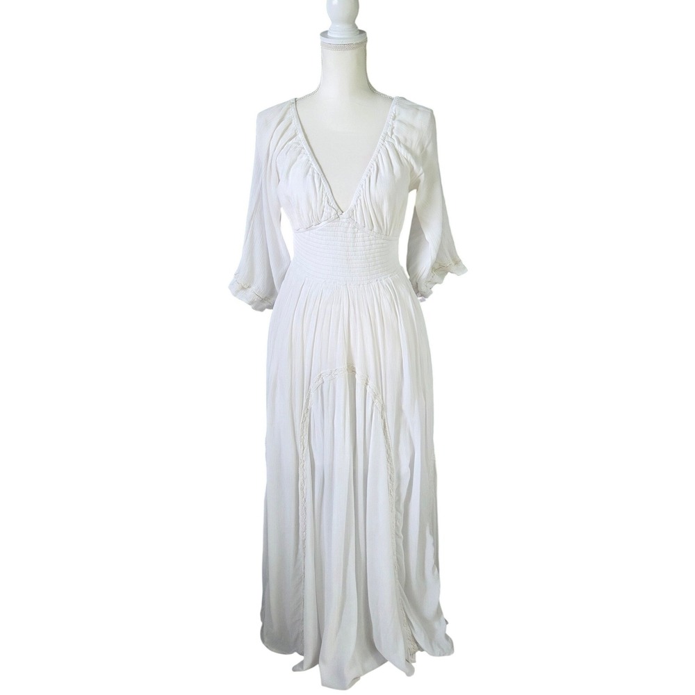 Free People White Gauze Lace Maxi Dress Smocked Waist Boho Fairy Cottagecore S